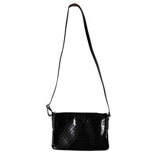 LACOSTE CROSSBODY PURSE – BLACK PATENT LEATHER – EMBOSSED LACOSTE LOGO PATTERN